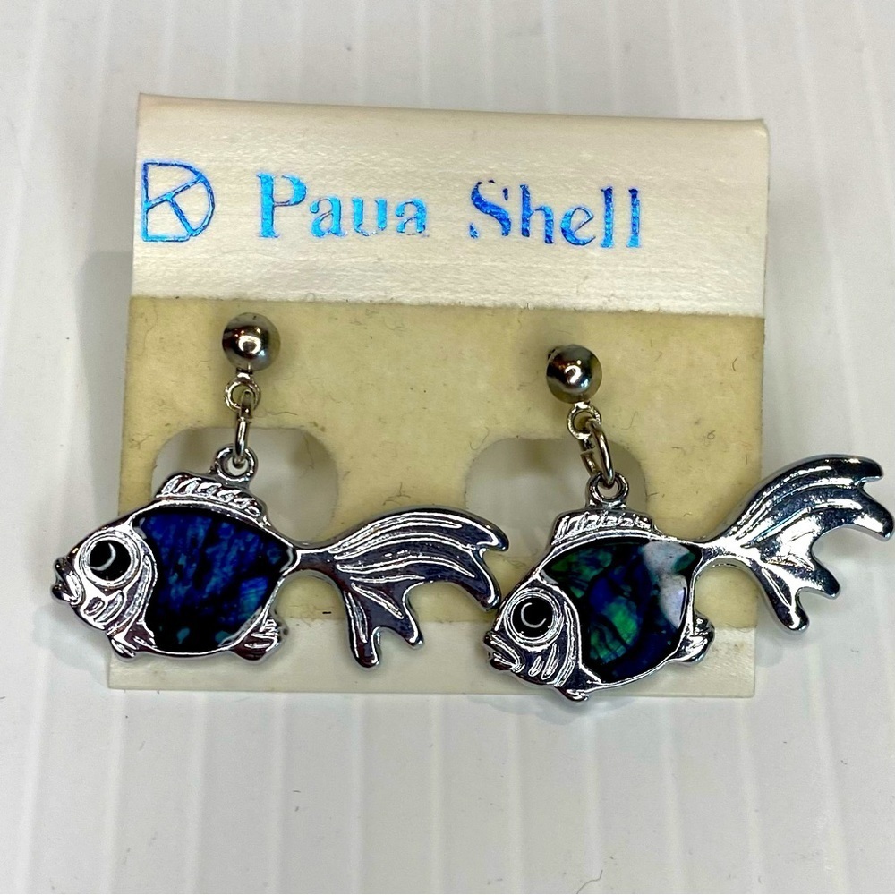 Vintage NOS Paua Shell Fish Pierced Earrings on Original Card New Store Stock